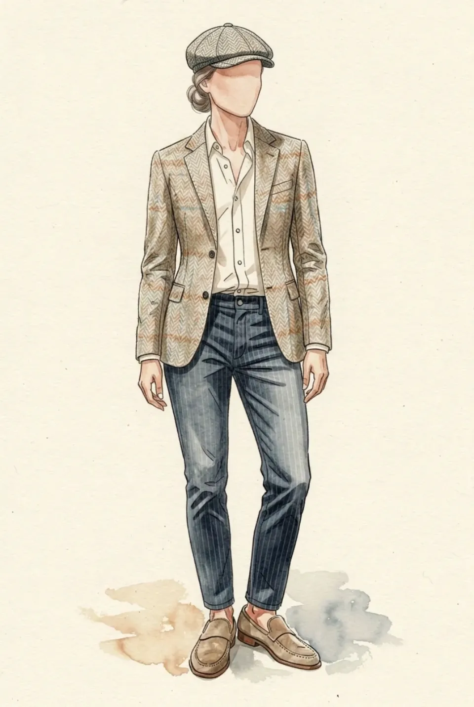 A faceless watercolor figure dressed in a herringbone wool blazer, linen shirt, indigo denim and suede loafers, you painted on your own build.
